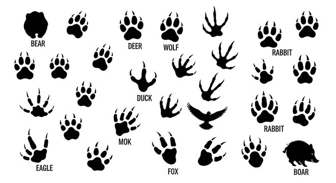 Black and white animal paw and bird footprint illustrations.