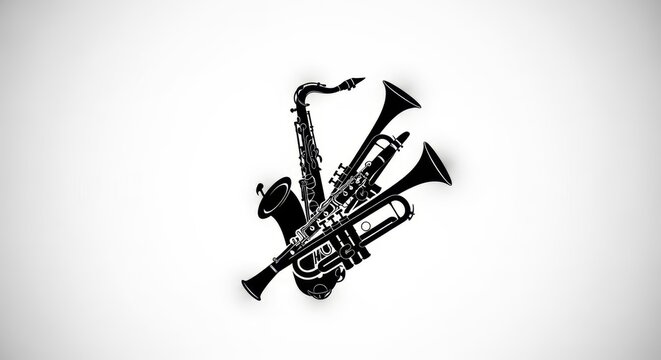 Black and white illustration of brass and woodwind instruments.