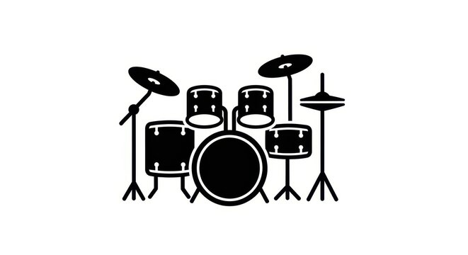 Black and white drum set icon illustration.
