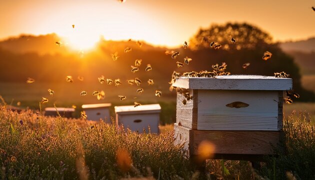 busy bees exiting hive at dawn