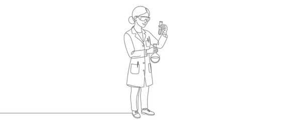 Fototapeta premium Scientist in lab coat with test tubes, isolated line art