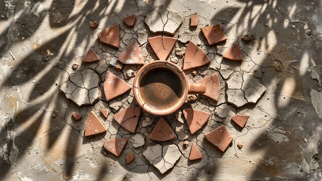 Top view of coffee cup surrounded by broken terracotta pieces in a geometric pattern on cracked background