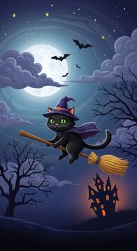 Black cat witch flying on broomstick at night.