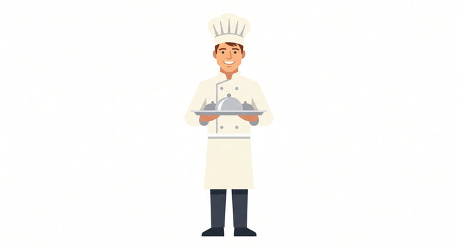 Cartoon Chef Character Set with Cooking Tools, Tray, Coffee, and Knife Vector Illustration