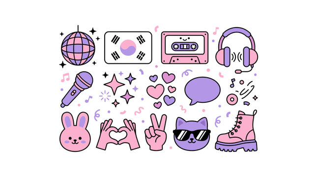 Colorful K-pop culture sticker and icon set