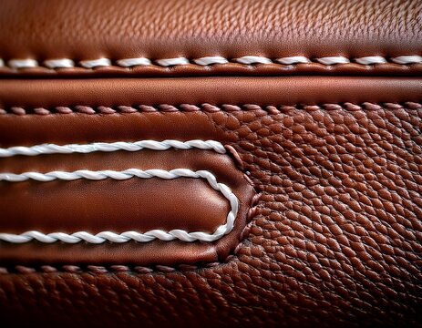 brown pebbled leather texture featuring cream perimeter stitching in a macro sharp focus shot for luxury fashion and upholstery branding