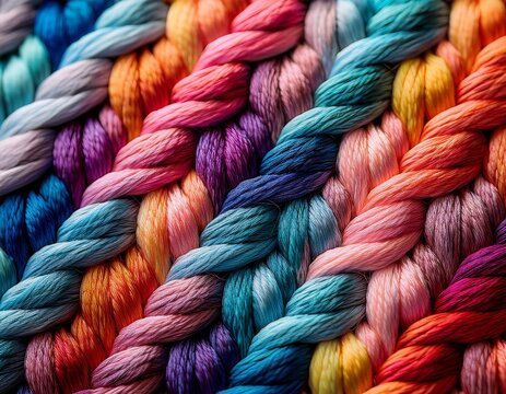 macro close up of colorful woven threads forming an abstract textured pattern on canvas background