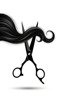 Black Scissors Cutting Long Curly Hair Silhouette.