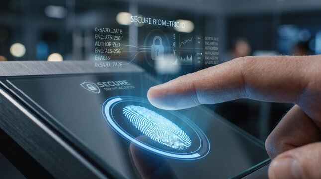 Biometric fingerprint authorization terminal is captured closely upon a minimalist glass scanner panel. Fintech security concept