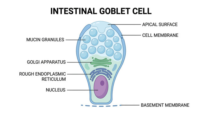 Detailed diagram of an intestinal goblet cell structure with labeled components.