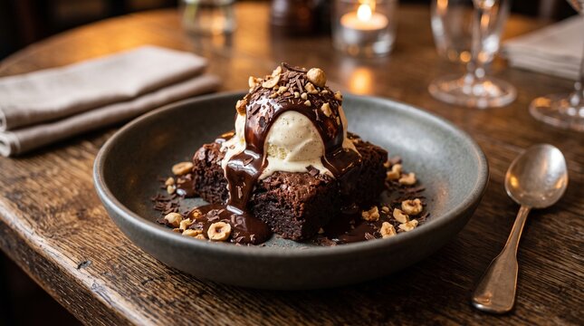 Warm fudgy brownie topped with vanilla ice cream, flowing chocolate sauce, hazelnuts and chocolate shavings for an indulgent restaurant dessert scene.