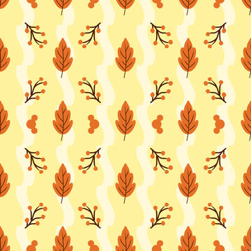 Autumn Leaves and Berries Flat Illustration Pattern Background