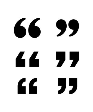 Bold black quotation mark symbols in rounded, angular, and geometric styles, arranged in a clean grid on a white background for typography and design.