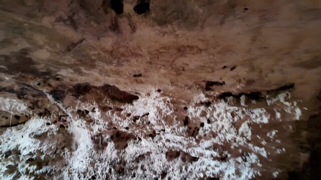 Cave walls show white mineral deposits. Dark openings hint at deeper passages. Texture contrasts between rough stone and soft deposits. Mysterious, ancient atmosphere evokes wonder