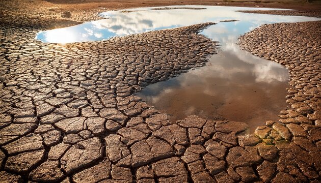a dried mud puddle with footprints and a faint reflection of the sky