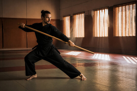 Male martial artist in a black outfit performs a low stance with a wooden staff in a sunlit gym, demonstrating focus, balance, and discipline for a training or sport concept.