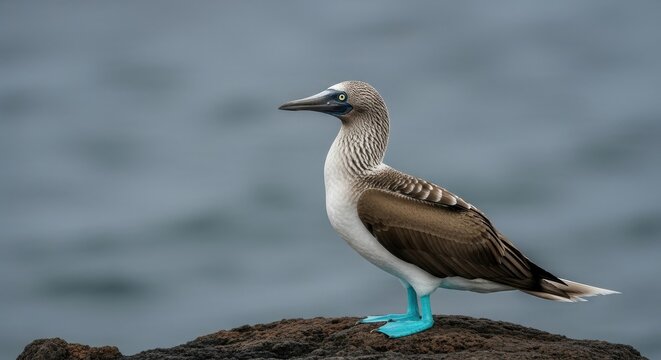 Blue footed booby bird perched on a coastal rock.