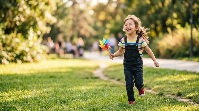 Joyful young girl runs through a sunny park holding a colorful pinwheel and laughing with carefree energy
