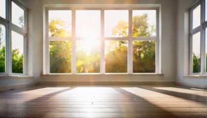 Fototapeta premium blurred morning sunlight in bright white room with large window