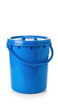 Blue Plastic Bucket with Handle and Lid Isolated on White.