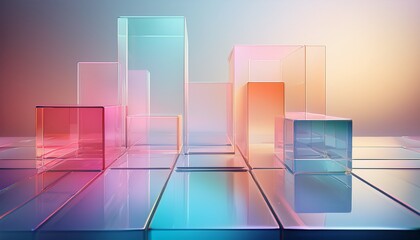Fototapeta premium minimal abstract background with geometric glass cubes and planes soft pastel reflections smooth transparent material bright diffused lighting