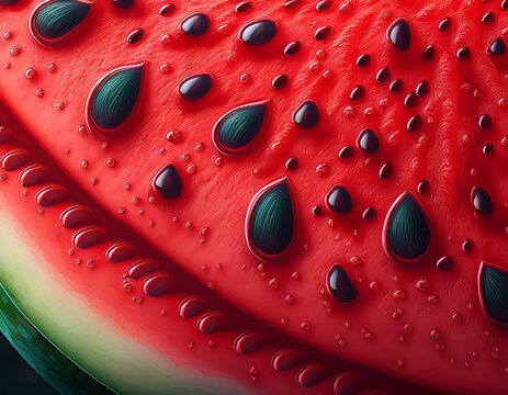 hyper realistic watermelon flesh macro texture juicy fibers and seeds visible vibrant red color with natural gradient fresh wet surface flat