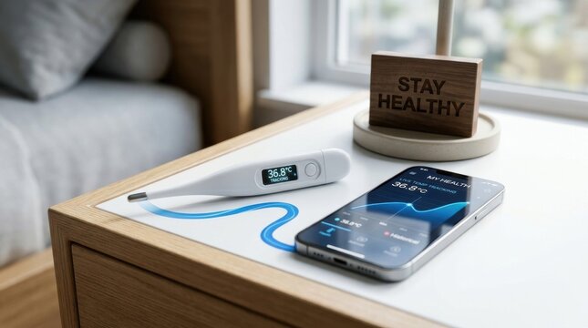 Close-up of a white digital smart thermometer showing a body temperature of 36.8 degrees Celsius, placed next to a smartphone with a health tracking application on a bedside nightstand.