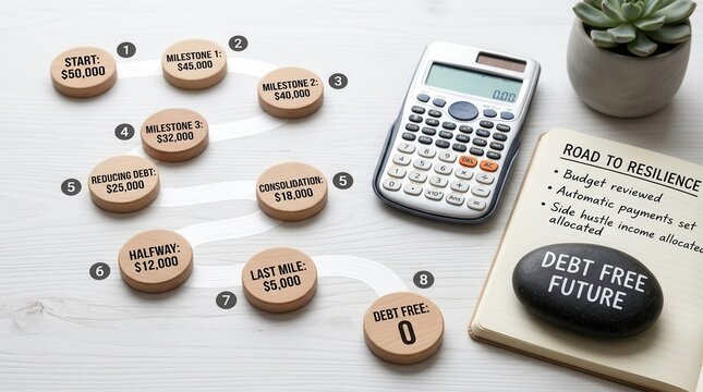 Top view of a debt repayment roadmap with wooden tokens showing milestones from $50,000 to zero, accompanied by a calculator and a budget planning notebook on a white wooden desk.