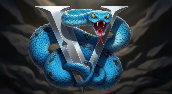Blue Snake Coiled Around Metallic V Symbol.