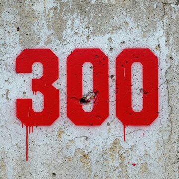 Bold red graffiti number three hundred on concrete wall.