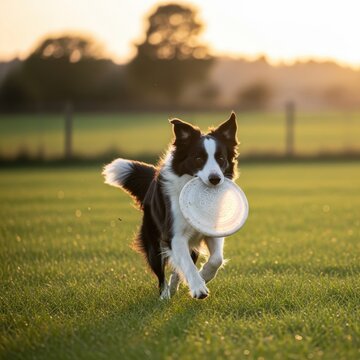 Border Collie Running with Frisbee in Golden Hour Field.