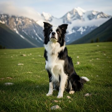 Border Collie Sitting in Alpine Meadow with Snowy Mountains.