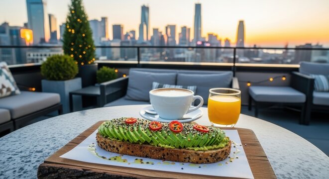 Breakfast on rooftop with city skyline view at sunrise.