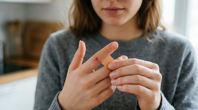 Young Woman Applying Bandage To Cut Finger At Home Close-Up First Aid And Self Care