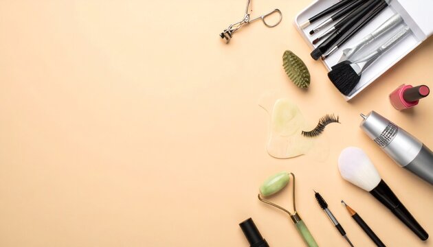 Professional makeup brushes and tools on beige background.