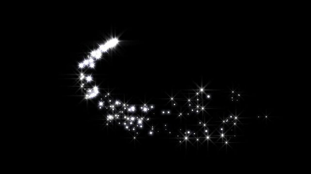 White magic glitter star sparkle trail, twinkling glitter stars line, fairy dust shimmer transition, fast glittering star lines, shining sparkle motion on transparent and black screen background, 4K
