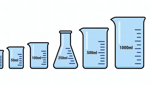 Various laboratory glass beakers and flasks with measurement scales on white background