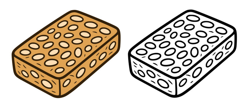 Fried tempeh illustration icon in line art and colored style, coloring page for kids