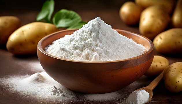 natural potato starch powder in wooden bowl generative ai