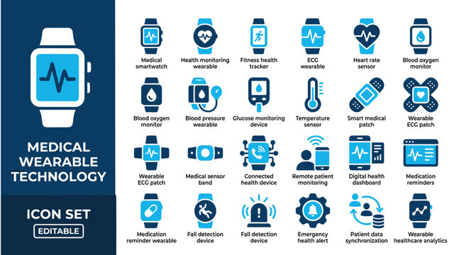 Medical Wearable Technology Icons for Health Monitoring, Smartwatch Sensors, and Digital Healthcare