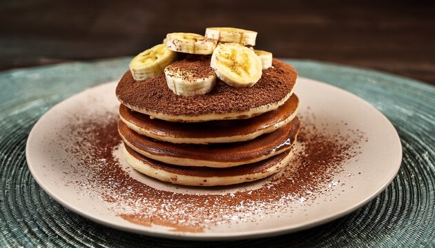 a delicious stack of fluffy pancakes generously topped with sliced bananas and dusted lightly with rich cocoa powder