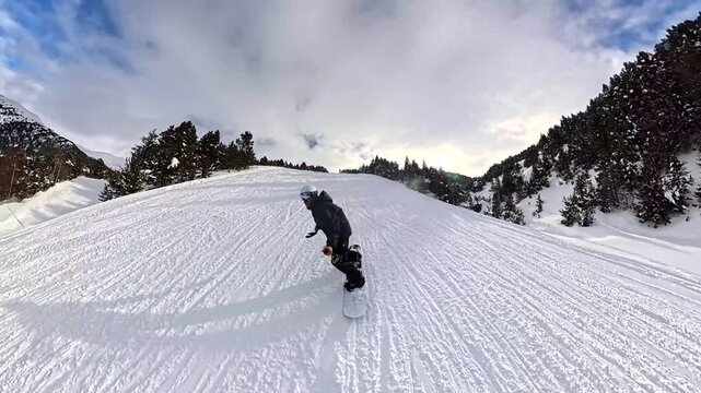 First person view of snowboarding down a mountain slope