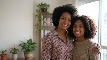 Obraz premium Happy mother and daughter smiling together indoors with plants and bookshelf