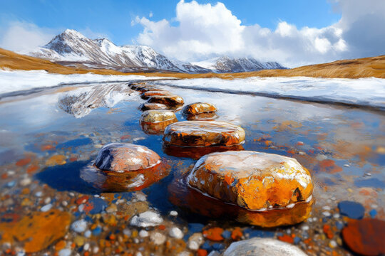 Snowy Mountain Stream Landscape