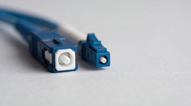 Pair of blue fiber optic cable connectors on white surface