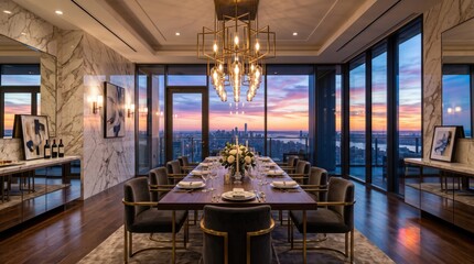 Fototapeta premium Luxury dining room interior with marble walls and sunset city skyline view