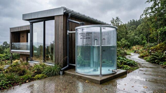 Modern off-grid rainwater harvesting tank beside eco-friendly tiny home in lush forest setting