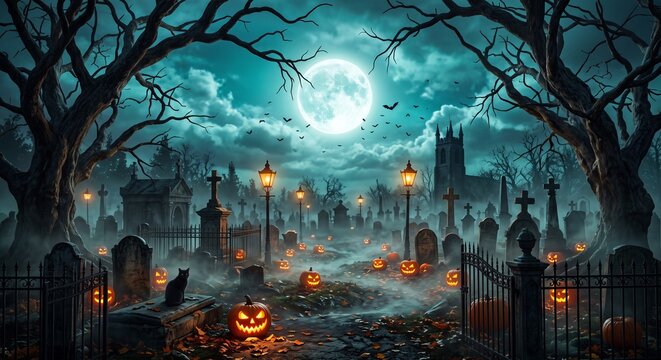 Scary spooky halloween graveyard landscape at night with glowing jackolanterns