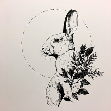 Rabbit tattoo flash design with floral elements and circular frame in black ink style