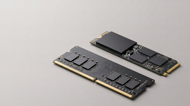 Solid state drive and memory module on grey background